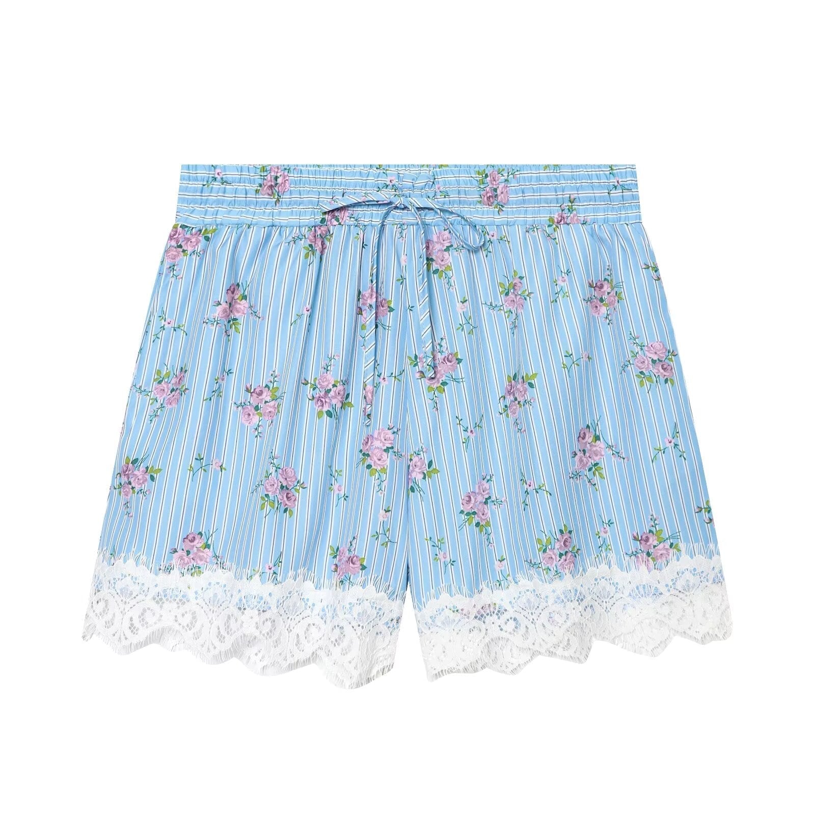 suit Women's 2 pieces striped printed shirt+striped lace shorts