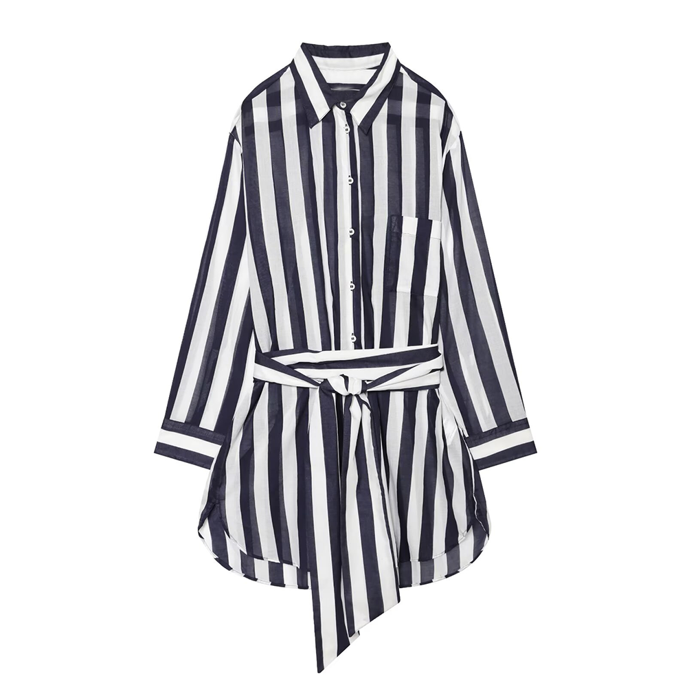 Women's With Belt Long Style Striped Shirt